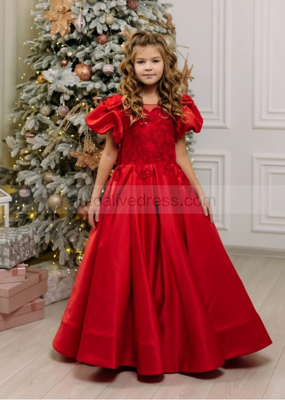 Short Sleeves Red Lace Satin Flower Girl Dress